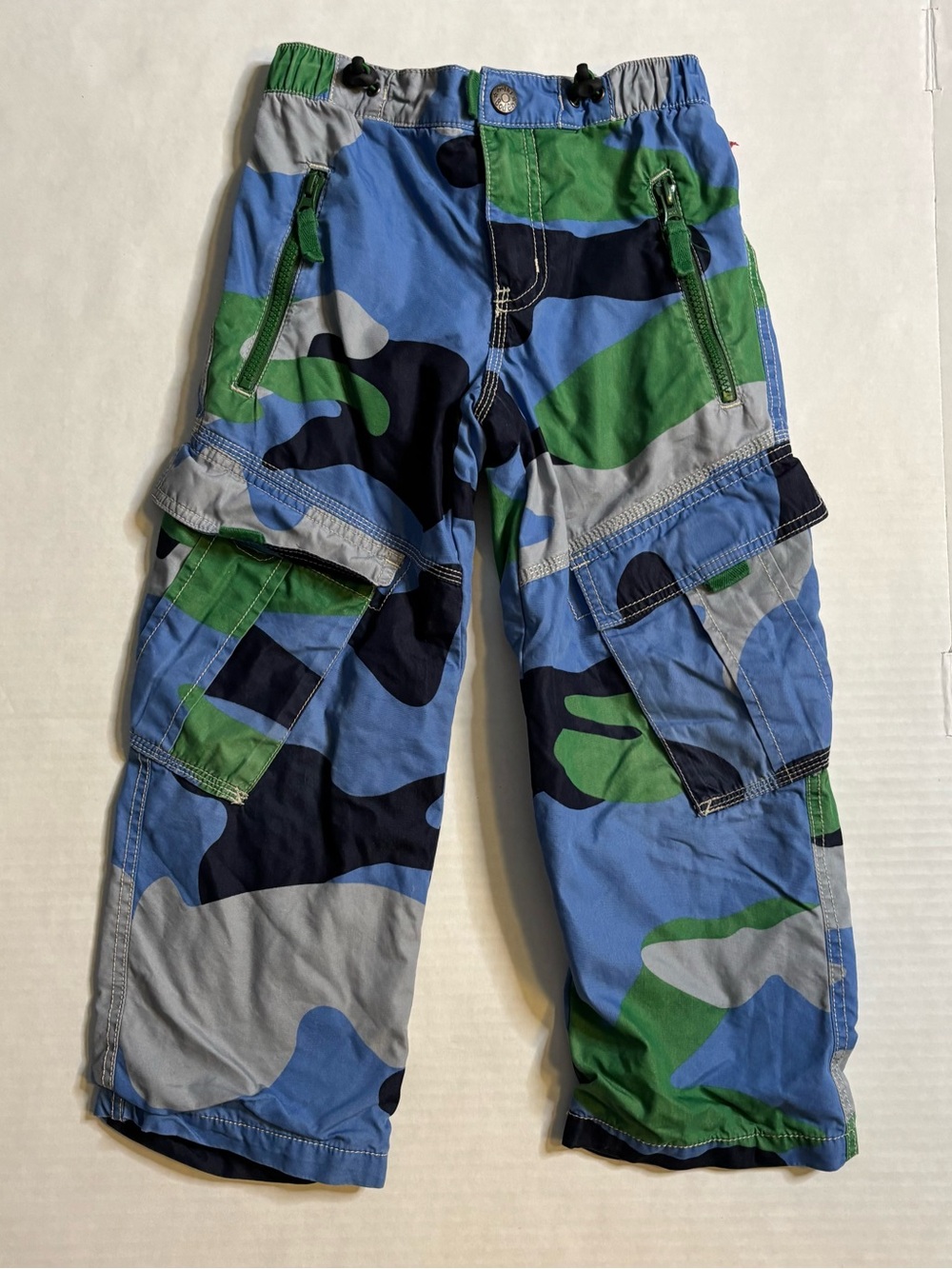Mini Boden 6Y blue green camo techno lined skater cargo pants adjustable waist